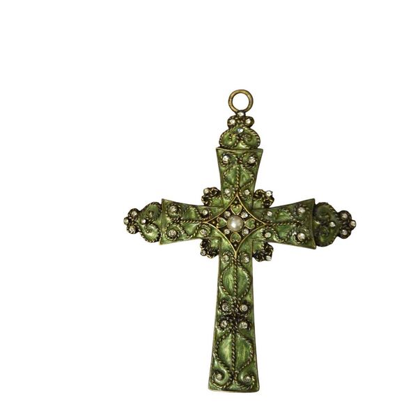 Litton Lane Cross 7.5 Studded Enameled Green Cross Decor Rhinestone & Pearl - Picture 2 of 5